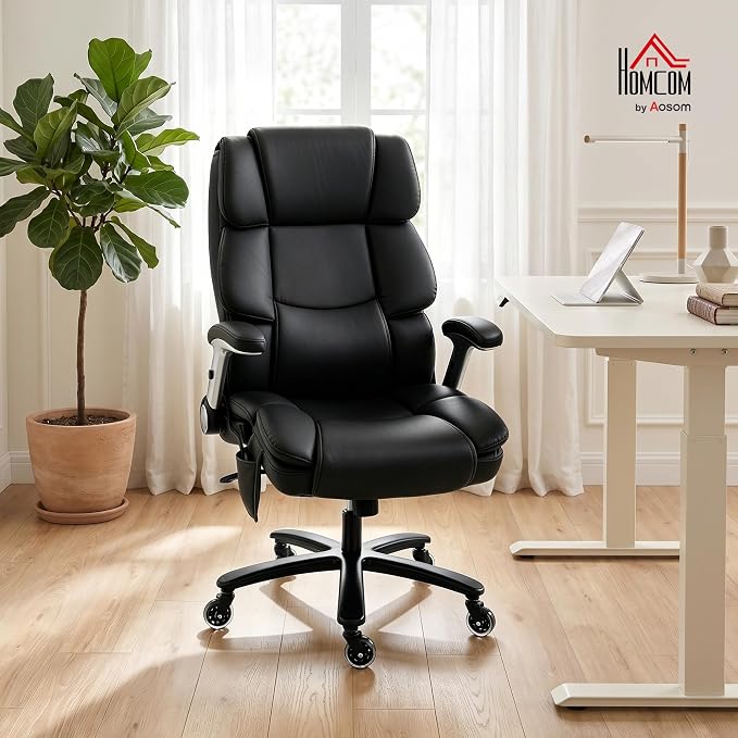 HOMCOM 400 Lbs Heavy Duty Office Chair with Adjustable Lumbar Support Black | Inflatable Adjustable Lumbar Support, Heavy Duty High Back Desk Chair, Pet-Friendly Fabric, 4-Level Gas Lift