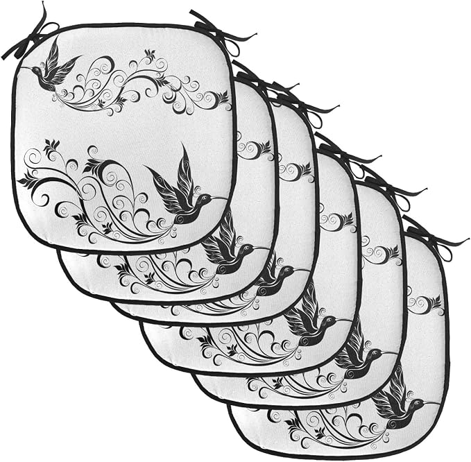 Lunarable Hummingbirds Chair Cushion Pads Set of 6, Tattoo Art Style Hummingbird Silhouette Wildlife Curvy Stems Blooms Imagery, Anti-Slip Seat Padding for Kitchen & Patio, 16"x16", White Black