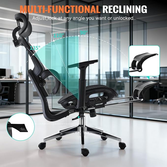 Ergonomic Office Chair, Home Mesh Desk Computer Chair, Comfortable Gaming Chair with Footrest, Wheels, Adjustable 2D Headrest, Lumbar Support, High Back and 3D Armrest, Black