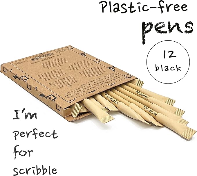 eplanita I’M PERFECT FOR SCRIBBLE – Eco Friendly Pens (Pack of 12), Black Ink Ballpoint Biros, Sustainable Stationary Supplies, For Office or School, One Tree Planted