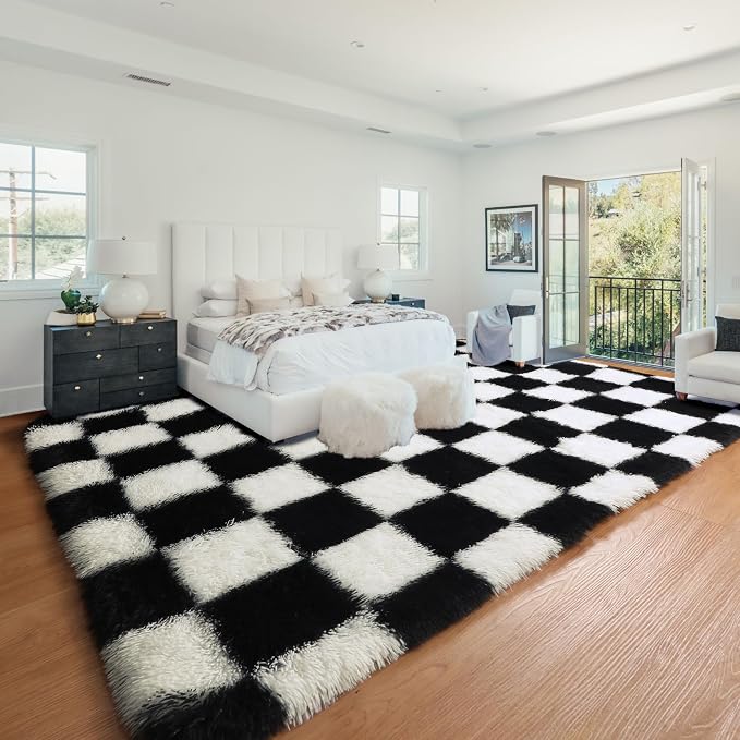 KICMOR Rugs for Living Room 7x10 Area Rug, Black and White Large Fluffy Shag Shaggy Fuzzy Checkered Bedroom Carpet, Indoor Soft Plush Big Rug for Kids Boys Girls Dorm Nursery Home Decor Aesthetic