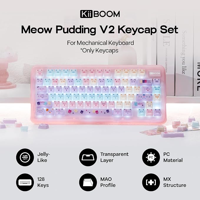 KiiBOOM Cute Cat Keycaps Set, Mao Profile, PC Keycap for MX Switches Mechanical Keyboard, Compatible with 60%, 65%, 75%, TKL, 96%, Full-Sized Layout (Meow Pudding V2)