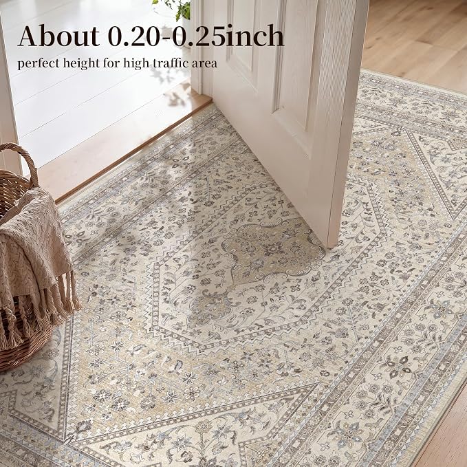 3x12 Runner Rug for Hallway Washable: Non Slip Kitchen Rugs with Rubber Backing Soft Waterproof Mats Stain Resistant Indoor Vintage Carpet Runner for Bedroom Bathroom Laundry Entryway Beige/Gray
