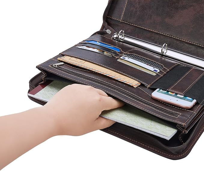Zippered Padfolio Binder, Faux Leather Organizer with 3-Ring Binder, Left-Handed Design, Business Card Slots & Document Folders - Professional Padfolio for Office (Dark Brown)