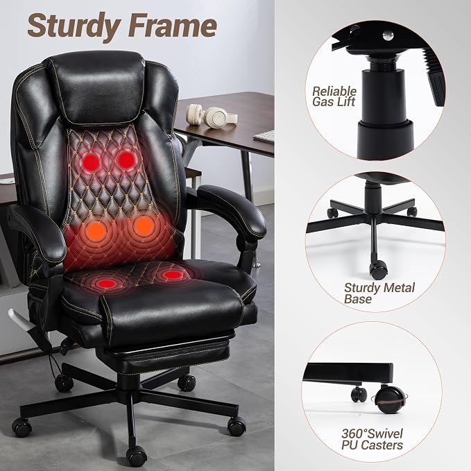 Heated Massage Executive Office Desk Chair with Footrest - Black | 6 Points Vibration Massage System, 5 Massage Modes, 3 Target Areas (Back,Lumbar,Seat), Reclining 90°-135°