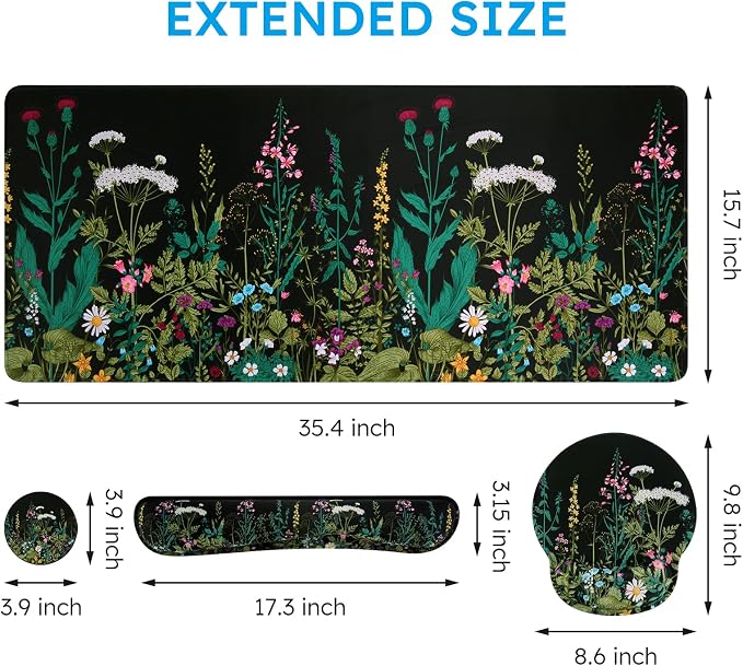iCasso Large Mouse Pad, Mouse Pad Wrist Support Set,4in1 XXL Large Mousepad + Keyboard Wrist Rest+Mouse Wrist Rest+Coaster Set with Ergonomic Design for Home Office Table Computer-Weeds