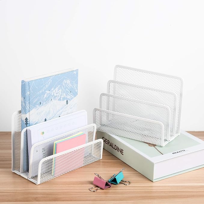 VANRA Small Letter Sorter Pack of 2 Desktop File Organizer Metal Mesh Paper Stacking Sorter Holder 3 Slots (2 White)