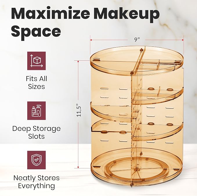Masirs 360 Rotating Makeup Organizer Countertop, Adjustable Shelf, Brown | 360-Degree Rotating Makeup Organizer, Adjustable Shelf Height, Cosmetic Perfume Skincare Storage, Vanity Countertop, Brown