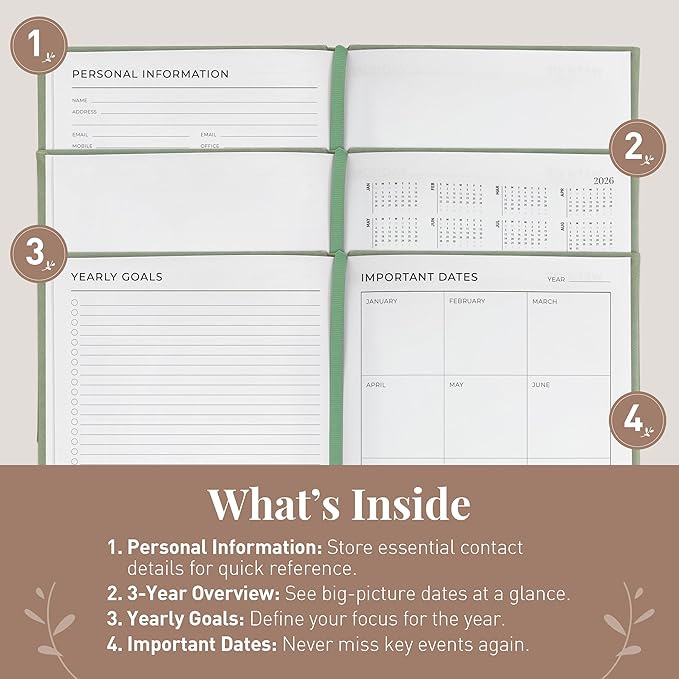 Rileys & Co Undated Daily Planner 8 x 6 in, Day Schedule Planner & Agenda Book, Journal with Goal & Habit Tracker, No Dates Dateless Annual Organizer for Work, School & Home - Green
