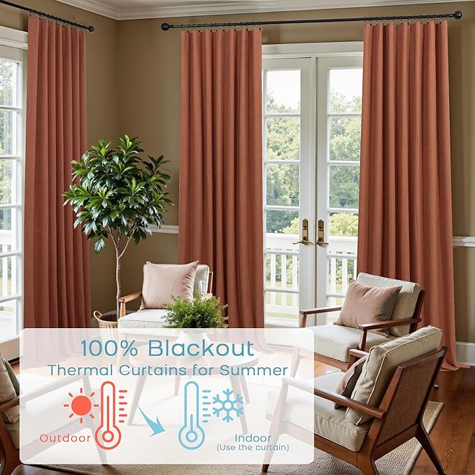 KOUFALL Rust Linen Curtains 108 Inches Long for Living Room Bedroom, 9ft Tall Extra Long Boho Room Darkening Blackout Curtain Window Drapes for Patio High Ceiling Balcony Set 2 Panels,Terracotta