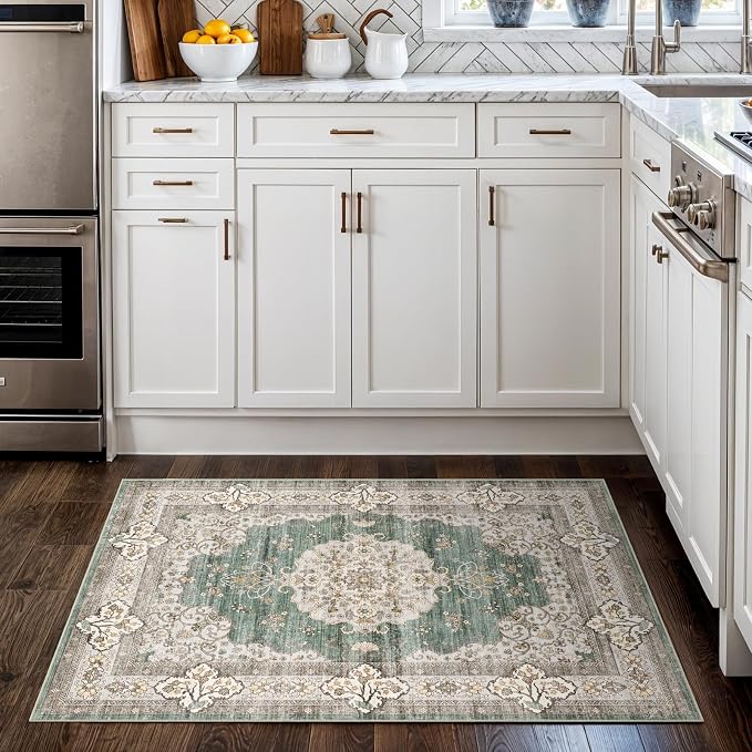 2x3 Washable Small Rug for Entryway: Indoor Vintage Oriental Area Rugs Stain Resistant Door Mat with Non Slip Backing Low Pile Thin Carpet for Bathroom (2x3 Green/Beige)