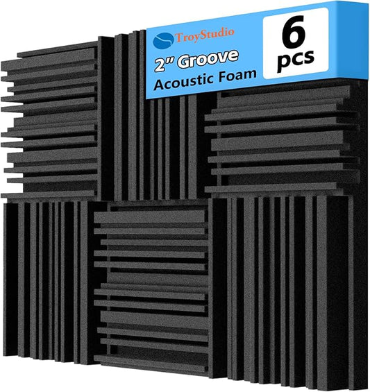 TroyStudio Thick Acoustic Foam Panels, 12 X 12 X 2 Inches 6 Pcs Broadband Sound Absorbing Foam, Dense Soundproof Padding Tile, Recording Studio Foam Absorber, Groove Decorative 3D Wall Ceiling Panel