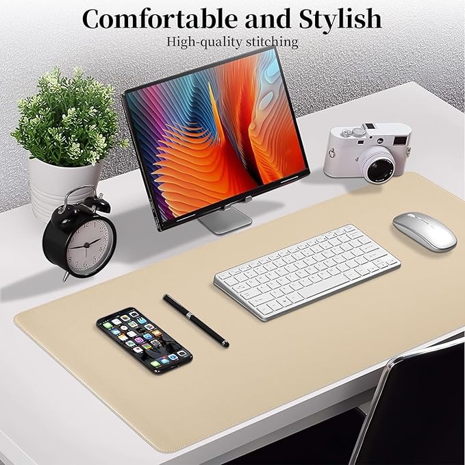 Beige Leather Desk Pad, Desk Matt for Desktop, Large Non-Slip Keyboard and Mouse Pad, Waterproof Computer Desks Protector Mat,35.4" x 17"