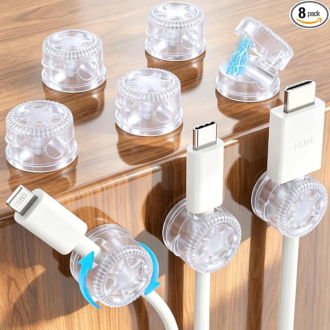 AGPTEK 8 Pack Magnetic Cable Clips, 360° Rotatable Cord Holder, Clear | Adhesive Desk Cord Organizer for Nightstand, Home Office Wire Management Wire Keeper for Phone Charger USB Charging Cables
