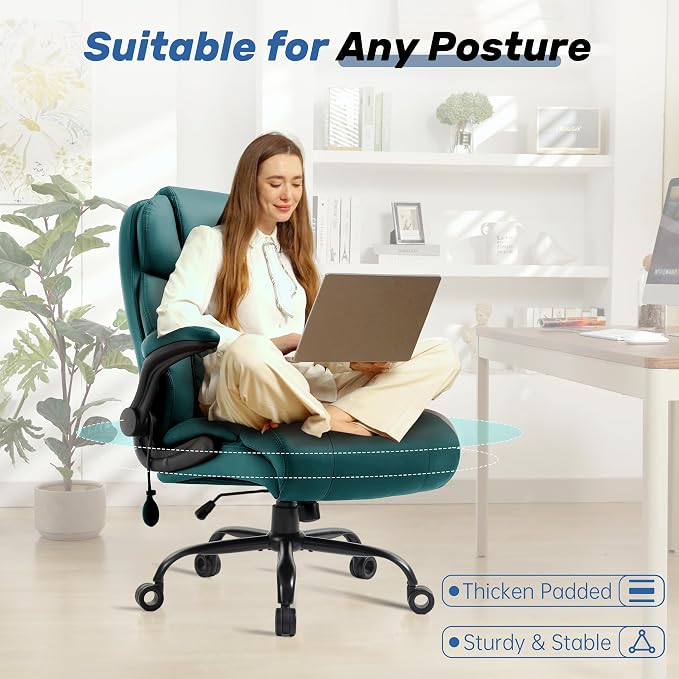 550LBS Big and Tall Office Chair, Comfy Heavy Duty Executive Chair with Adjustable Lumbar Support Double Spaces Casters, Fabric Extra Wide Seat Ergonomic Computer Desk Chair for Back Pain,Green
