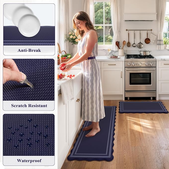 KIMODE Anti Fatigue Mats for Kitchen Floor,Farmhouse Kitchen Rugs Sets of 2 | Cushioned Kitchen Floor Mat, 17"x47"+17"x29" Comfort Laundry Room Rug, Navy Blue Runner Rugs for Home Decor Office Bath Sink