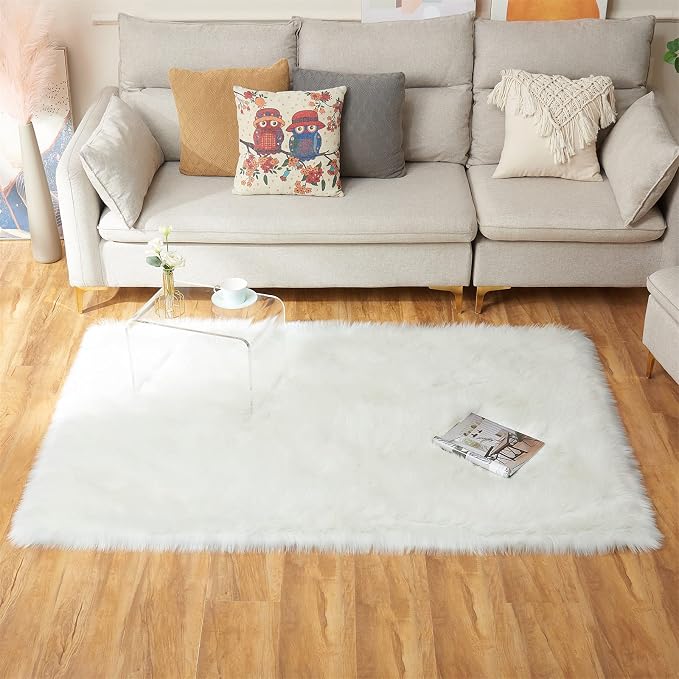 EasyJoy Ultra Soft Fluffy Shaggy Area Rug Faux Fur Rug Chair Cover Seat Pad Fuzzy Area Rug for Bedroom Floor Sofa Living Room (4 x 6 ft Rectangle, White)