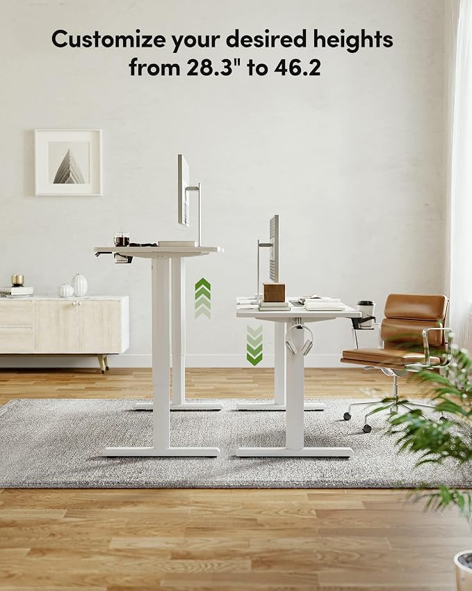 FEZIBO Standing Desk, 44 × 22 Inches Electric Height Adjustable, Sit and Stand Up, Computer Office Desk with Splice Board, White Frame/White Top