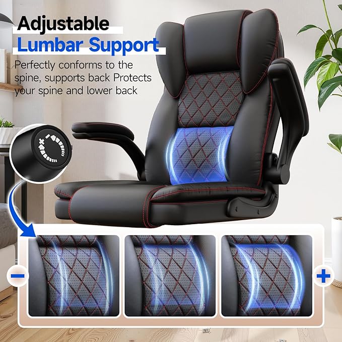 naspaluro Ergonomic Office Chair, Executive PU Leather Chair, Computer Desk Chair with Adjustable Lumbar Support Flip-up Arms, Executive Task Chair, Office Chairs for Home Office, Big and Tall, Black