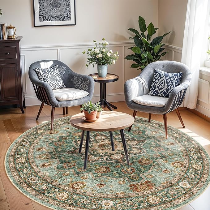 TOPRUUG Washable Oriental Area Rug - 3ft Round Rugs for Living Room Soft Carpet for Bedroom Waterproof Floral Distressed Indoor Stain Resistant Non-Shedding Floor Carpets (Green, 3ft-Round)
