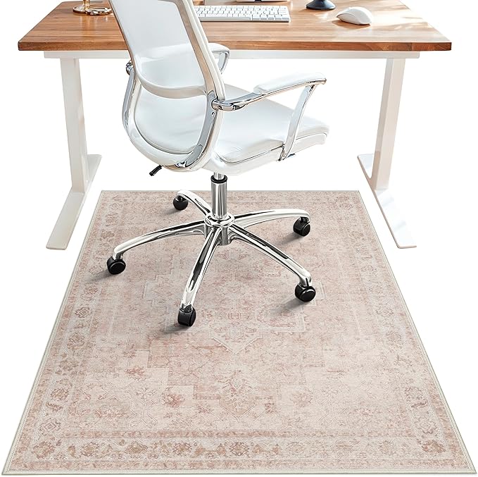 48"x72" Office Chair Mat for Hardwood Tile Floor, Under Desk Carpet Protector for Rolling Computer Chair Mat, Machine Washable Area Rug, Anti-Slip 1/5" Thick Low Pile Thin Vinyl Floor Mat, Light Pink