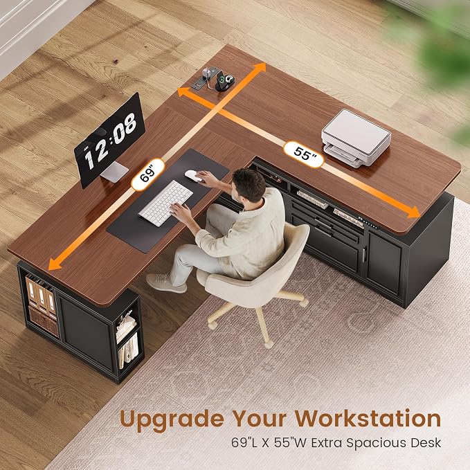 SEDETA Farmhouse L Shaped Electric Standing Desk, 69" x 55" Height Adjustable Office Executive Desk with 4 Drawers and Storage Shelves, Sit Stand Computer Desk with Power Outlet, Black and Brown