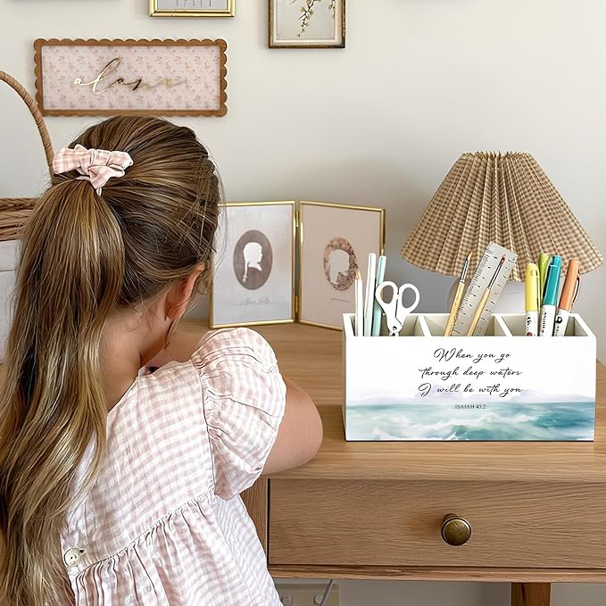 Christian Pen Holder, Christian Gifts for Women Pencil Holder for Desk, Beach Office Decor, Religious Bible Verse Coastal Ocean Wooden Box Sign Decorations for Home Office Desk Tabletop