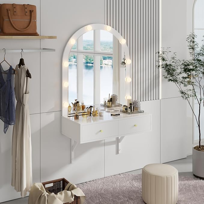 Floating Makeup Vanity Desk with Arched LED Mirror, 3-Color Lights, 2 Drawers, Charging Station, Wall Mounted, White