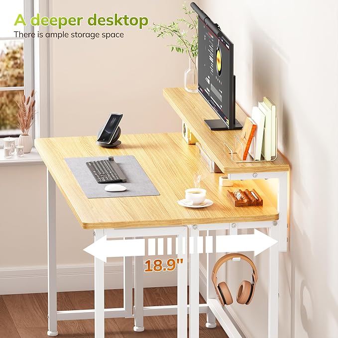 Folding Desk for Small Space,Foldable Computer Desk with Monitor Stand,31.5 Inch Small Desk with LED Lights for Bedroom Home Office,Writing Work Office Computer Desk with Hooks,Oak