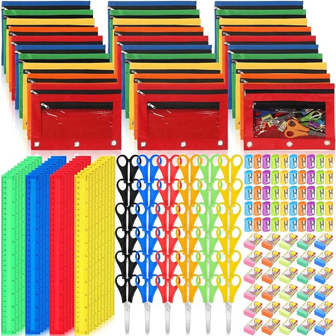 220 Pcs Back to School Supplies Kit Include Pencil Pouch, Scissors, Plastic Rulers, Eraser, Pencil Sharpener Bulk School Supplies for Classroom Donations Use