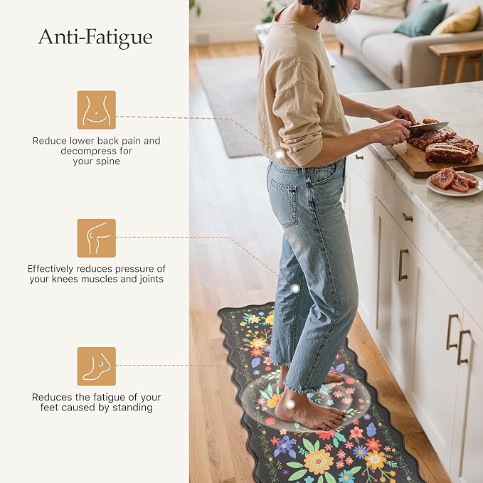 GENIMO Anti Fatigue Kitchen Mats for Floor 2PCS, Cushioned Standing Mats | 17.3"x47"&17.3"x30", Jet Black vintage floral rug set, waterproof, non slip, easy-clean for farmhouse
