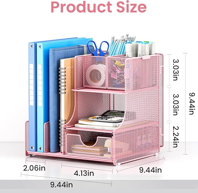 Lavatino Desk Organizer – 4-in-1 Pink Mesh Office Supplies Organizer with Pen Holder, File Holder, Desktop Tray, and Drawer for Home, Office, Classroom