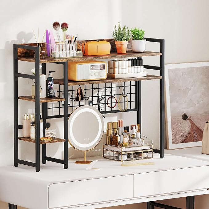 Tangkula Desktop Bookshelf for Computer Monitor Up to 32”, 37" x 29" Countertop Storage Hutch with 4 Open Storage Shelves, Grid Panel, Anti-tip Device, 4-Tier Desktop Display Shelves for Home Office