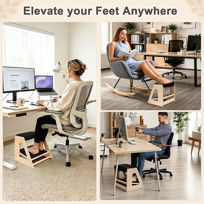 Natheeph Wooden Foot Rest Under Desk at Work – 3-Height Adjustable Ergonomic Foot Stool with Massage Roller on Lower Deck & Foam Upper Pad for Office, Home, Gaming, Non-Slip Base