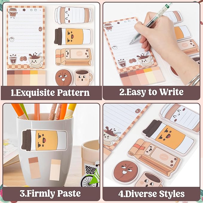 B1ykin Cute Sticky Notes Set - Better Latte Than Never Self-Stick Notes Pad, 550 Sheets Writing Memo Pages Sticky Notepad for Teacher Appreciation Gifts, School Office Party Favors Supplies (Latte)