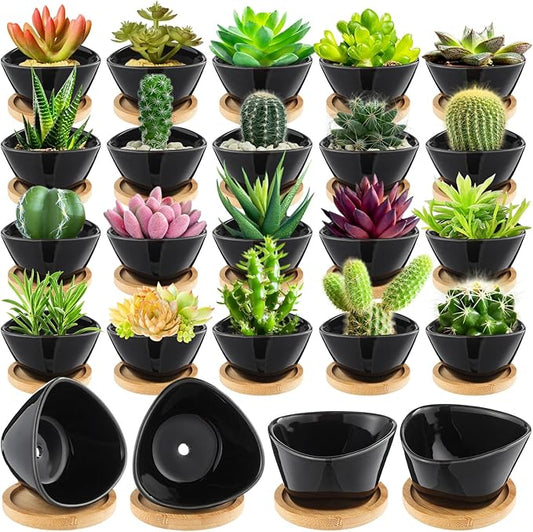 Domensi 24 Pack Succulent Planter Pots 3 Inch Small Plant Pots Mini Ceramic Succulent Planter Holder with Drainage Holes and Bamboo Saucers(Black)