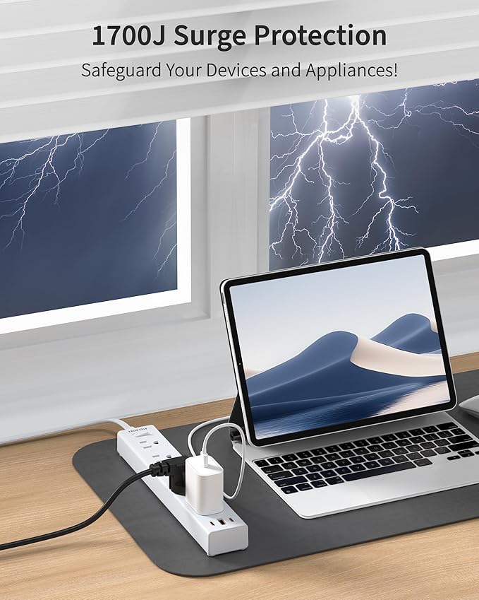 HOPOW 2 Prong Power Strip, 2 to 3 Prong Outlet Adapter with 1700J Surge Protection, 6ft Two Prong Extension Cord, 5 AC Outlets & 3 USB(5V 3.4A Max), Wall Mount for Non-Grounded Outlet, White