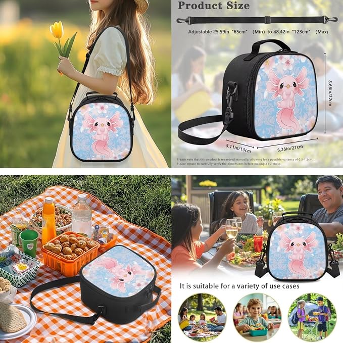 Ystardream Baby Axolot Elementary Backpacks for Girls with Lunch Box Cherry Blossom Kids School Bookbag with Pencil Case&Water Bottle Sleeve 4 in 1 Set for Student Back to School Gift