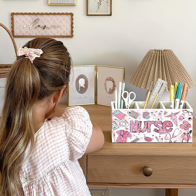 Pink Nurse Pen Holder, Nurses Appreciation Gifts Pencil Holder for Desk, Nurse Office Decor, Nursing Nurses Gifts for Women Wooden Box Sign Decorations for Office Desk Tabletop