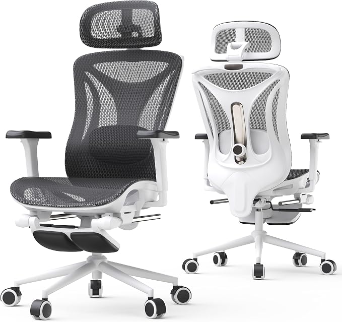 CYKOV Ergonomic Office Chair with Footrest - Adjustable Lumbar Support & Headrest, 90-160° Reclining Mesh Back Computer Chair - Home Office/Gaming, 350lbs Capacity (W-Black, Mesh)