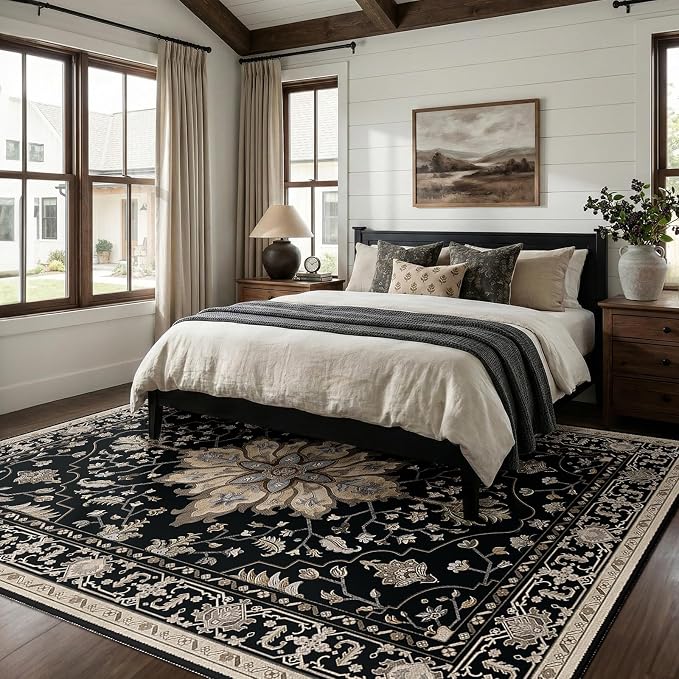 RELEANY Area Rugs 8'x10' Washable Non-Slip, Floral Vintage Distress Medallion Carpet for Living Room Bedroom Dining Room, Black Brown Neutral Dark Tan
