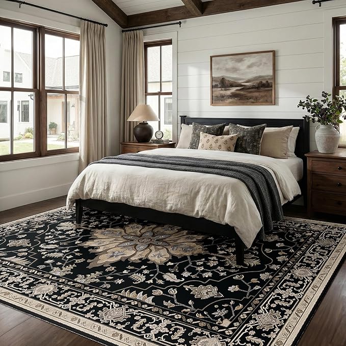 RELEANY Area Rugs 6'x8' Washable Non-Slip, Floral Vintage Distress Medallion Carpet for Living Room Bedroom Dining Room, Black Brown Neutral Dark Tan
