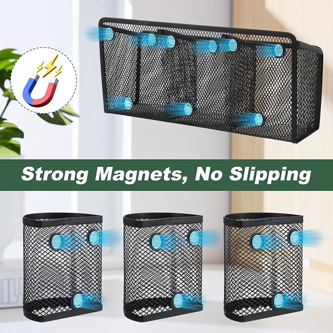 4 Pack Magnetic Pencil Holder for Whiteboard - Multi-Compartment Magnet Pen Holder Storage Basket Organizer for Locker, Refrigerator, Classroom & Office Supplies (Black)