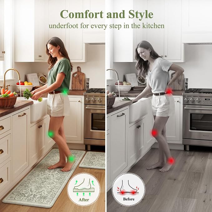 KIMODE Kitchen Mats Cushioned Anti Fatigue 2 PCS, Boho Kitchen Mats Stain Resistant, Standing Kitchen Runner Rug, Non Slip Waterproof Kitchen Sink Floor Mat, 17.3"x59"+17.3"x29", Sage Green