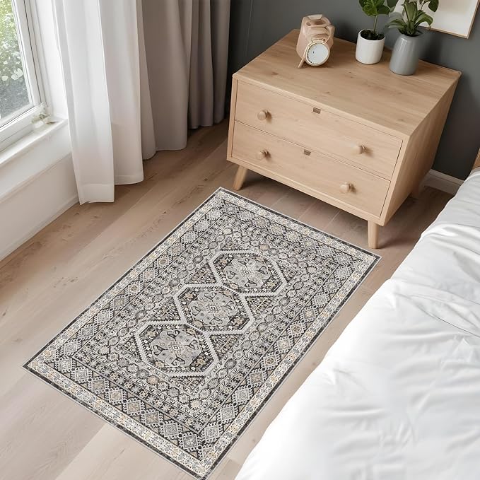 Washable Area Rug Non Slip - 2x3 Small Kitchen Boho Rug Vintage Entryway Low Pile Carpet for Doormat Black