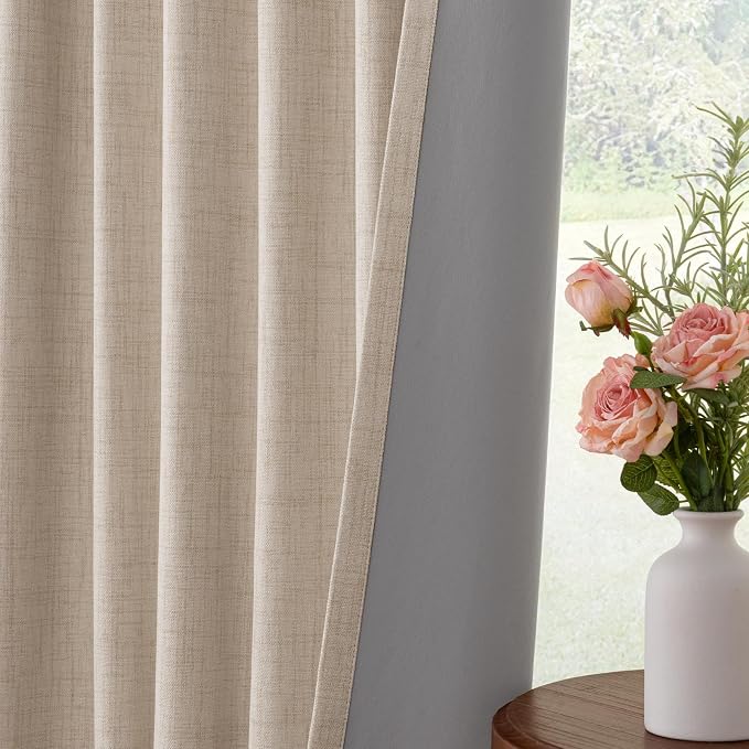 INOVADAY 100% Blackout Curtains for Bedroom, Oatmeal Black Out Curtains 96 Inch Long, Clip Rings Linen Blackout Drapes, Thermal Insulated Room Darkening for Living Room, 1 Panel - W102xL96