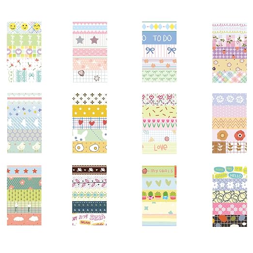 60 Rolls Cute Washi Tape Pack Basic Mini Adhesive Tapes Stars, Plaids, Florals, Grids & Dots Patterns Decorative Masking Tape Sets for Craft, Kids, Scrapbook, DIY, Gift Wrapping (Kawaii)