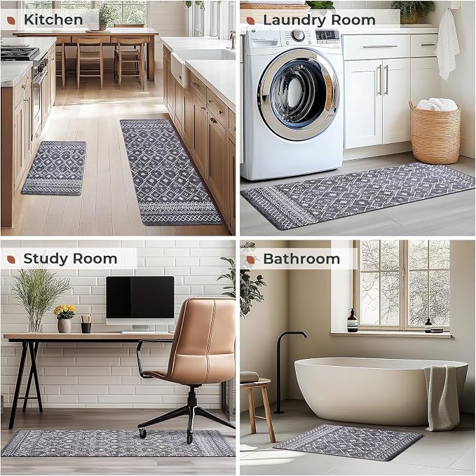 FRESHMINT Moroccan Kitchen Mat Set 2 Piece, 17x30''+17x47'', Black | Anti-Fatigue, Non Slip, Comfort, Kitchen Decor, Easy to Clean, Waterproof, Perfect for Kitchen, Laundry, Office