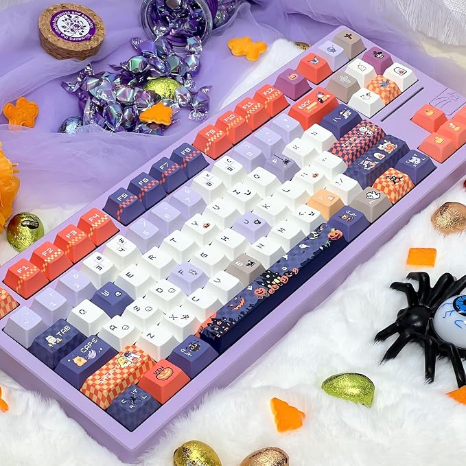 Cute Keycaps, Cherry Profile PBT Keycaps 130 Keys Dye-Sublimation Custom Keycap Set for 61/64/68/84/87/100/104/108 Cherry Gateron MX Switches Gaming Mechanical Keyboard Halloween Themed