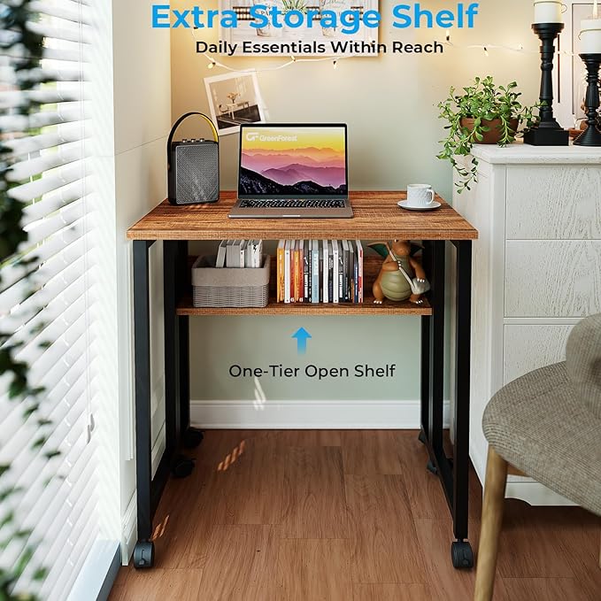 GreenForest Folding Desk Small Rolling Desk with Storage Shelf, 31.5 inch Foldable Computer Desk with Wheels for Small Space, Easy Assembly,Walnut